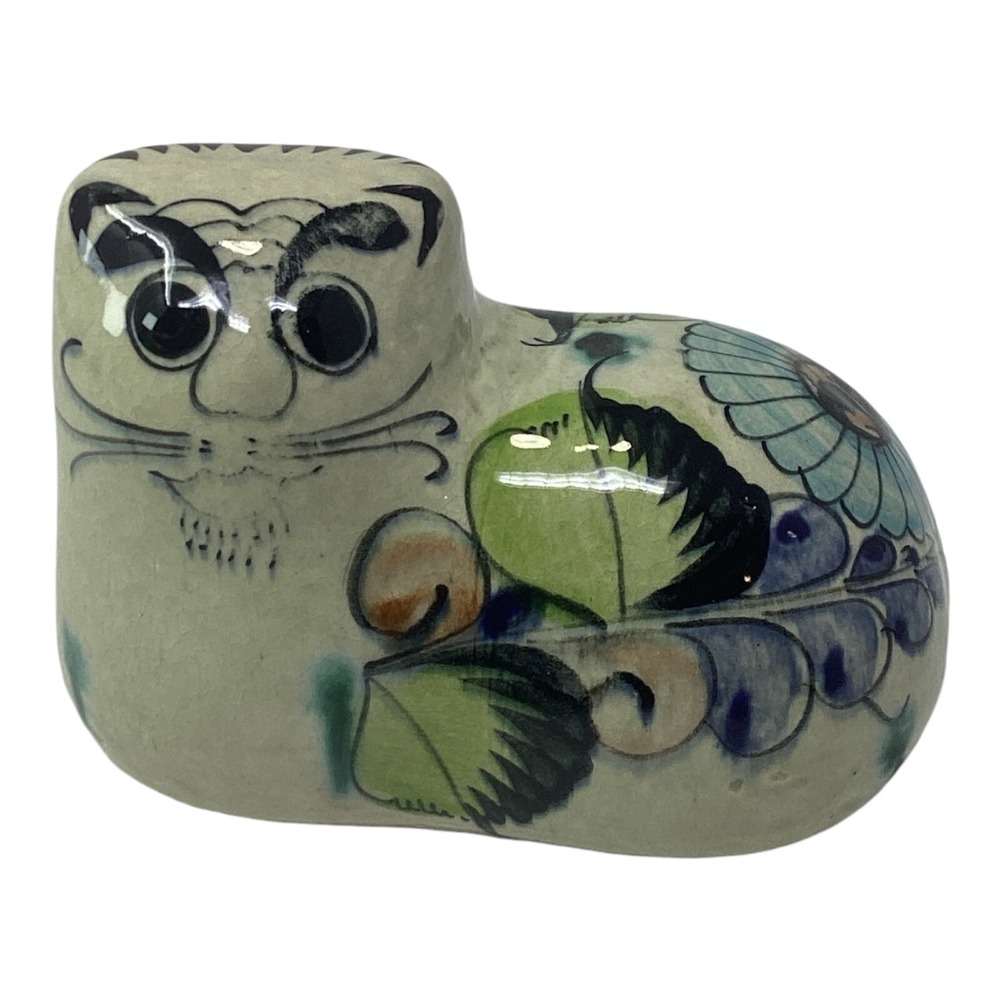 Vintage Tonala Mexican Pottery Folk Art CAT Figurine Signed LAT 3.25" x 5"
